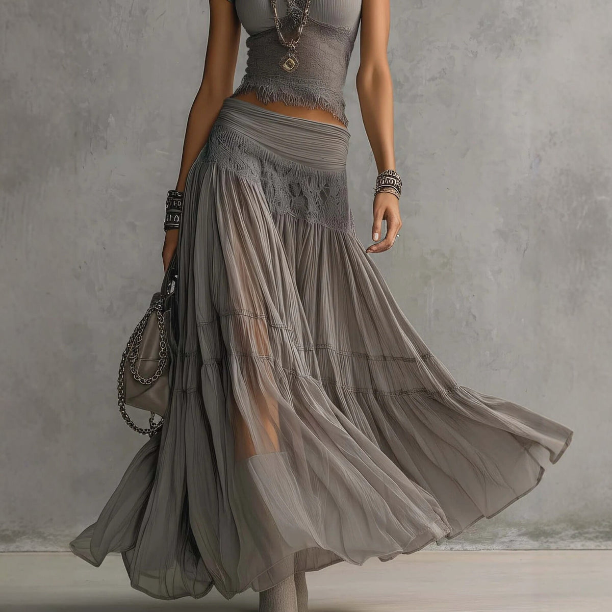 Boho Lace-Trim Knit Crop Top & Tiered Chiffon Maxi Skirt Two-Piece Set