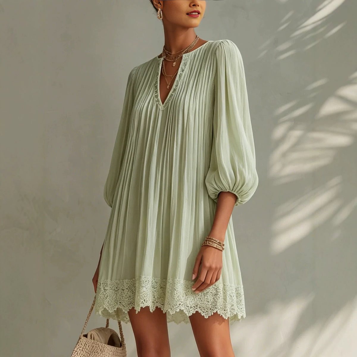 Sage Green Pleated V-Neck Lantern Sleeve Lace Trim Mini Dress