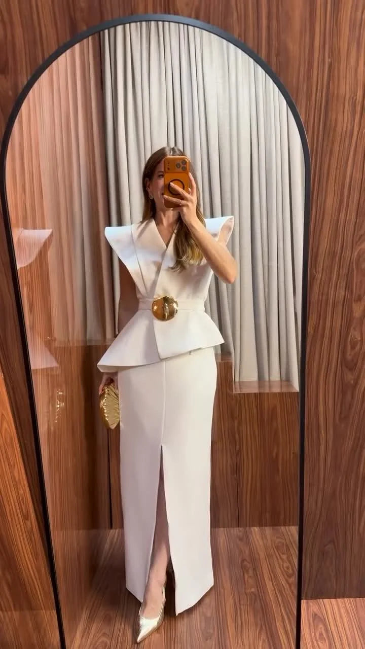 V-Neck Sculptural Shoulder Peplum Maxi Dress with Slit and Statement Belt [erp-image:7b54ec42b6095e1bc7b8ec9f]
