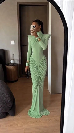 Sage Green Shoulder Pad Cross Neck Ruched Long Sleeve Maxi Dress [erp-image:31811212f736b93d1ae77b3e]