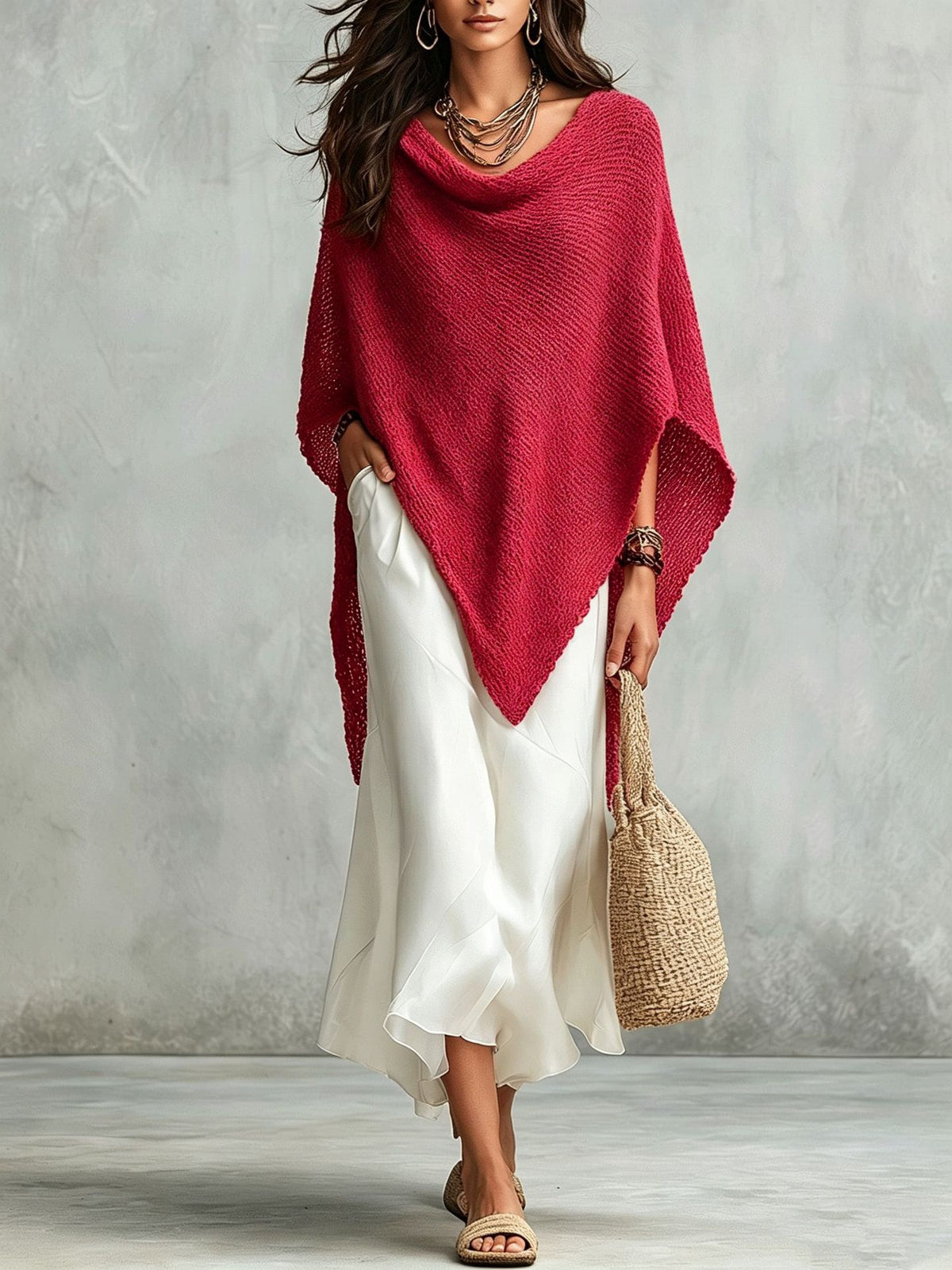 Knitted Shawl Loose Blouse Women's Autumn Holiday Solid Color Bat Sleeve Top With White Dress Set