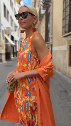 Women's Orange Boho Print Sleeveless Maxi Dress and Long Cardigan Two Piece Outfit Set [erp-image:5653f96876751ce180a75f38]