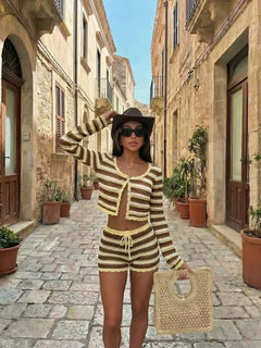 Striped Crochet Knit Long Sleeve Crop Cardigan and Shorts Two Piece Set [erp-image:3c3ce8a6375d4225057bf239]