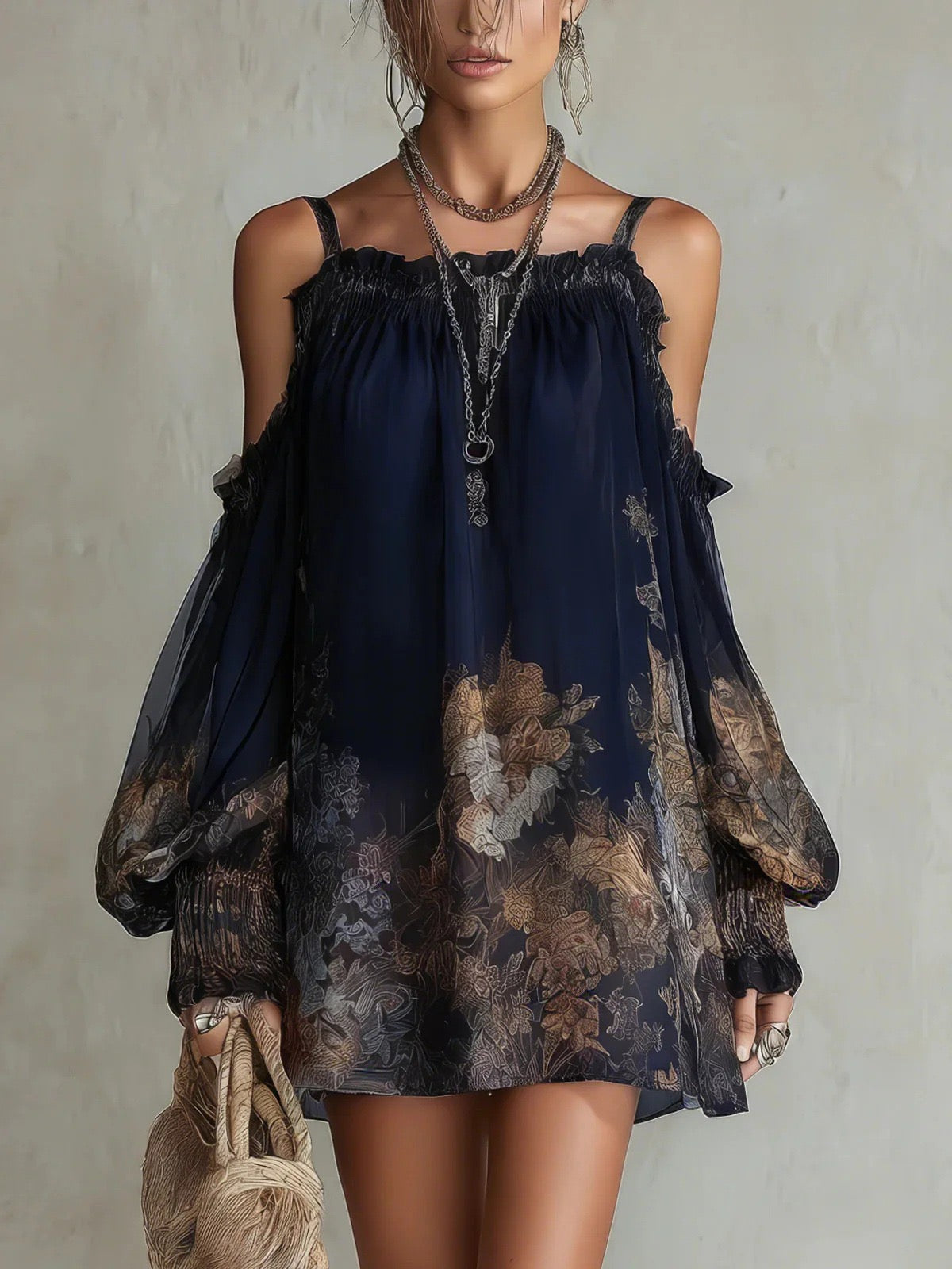 Boho Off-Shoulder Floral Print Chiffon Mini Dress