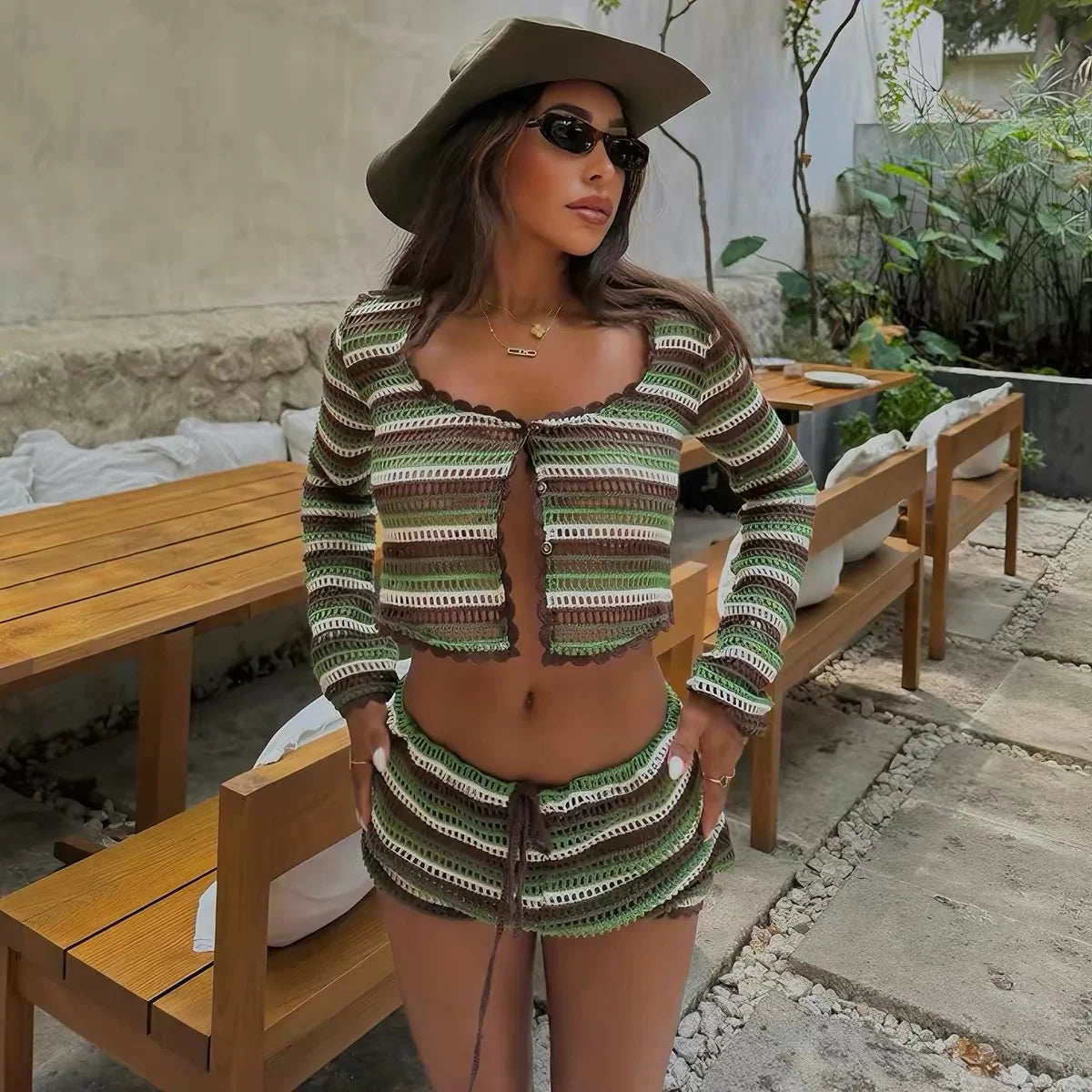 Striped Crochet Knit Long Sleeve Crop Cardigan and Shorts Two Piece Set [erp-image:3929e53db5265c7c03ae2cd5]