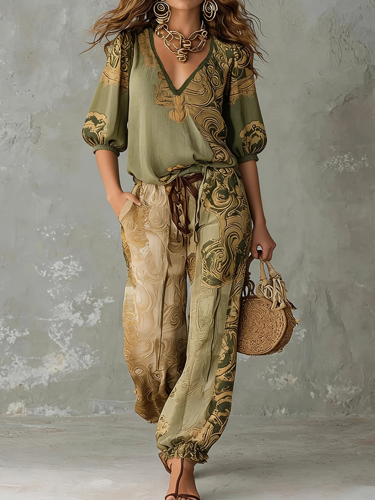 Bohemian Print V-Neck Top & Wide Leg Pants Two-Piece Set