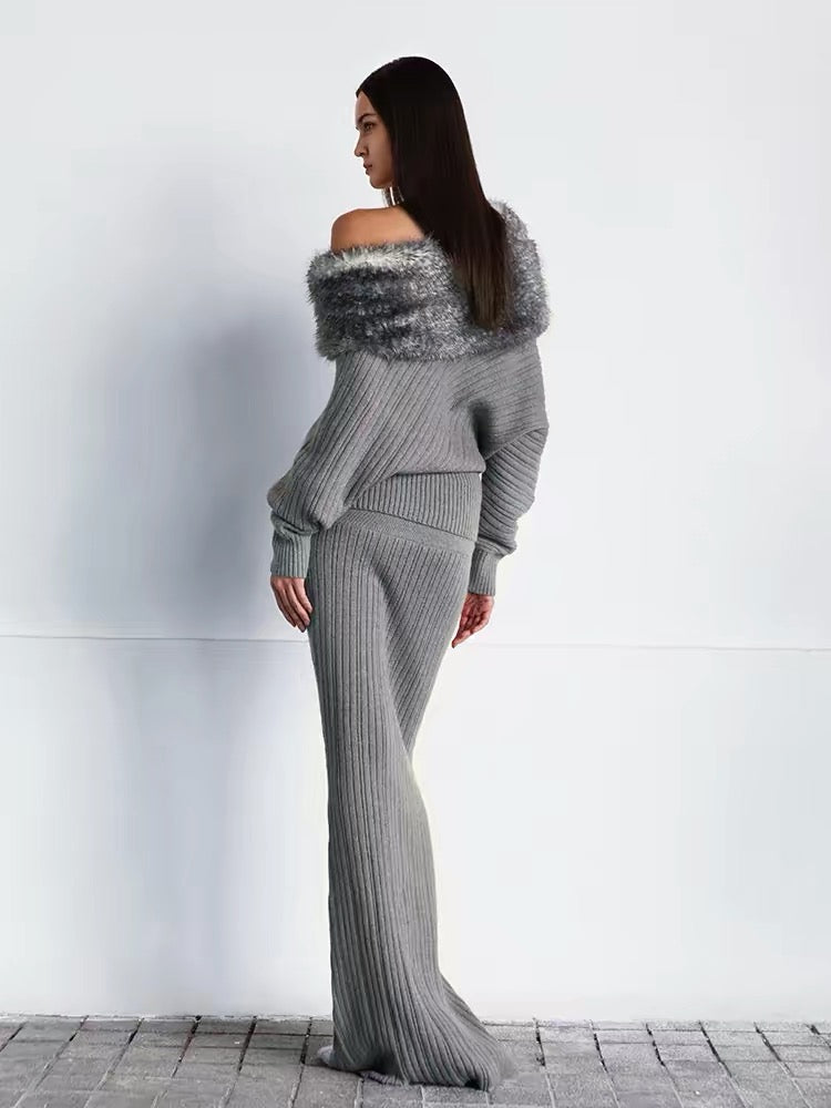 Gray Off-Shoulder Faux Fur Trim Knit Sweater & Mermaid Skirt Set