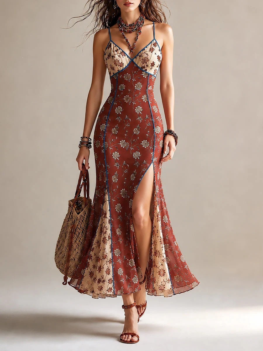 Bohemian Rust Floral Print Spliced Mesh Maxi Dress With Contrast Piping & High Slit – Vintage Summer Beach Gown
