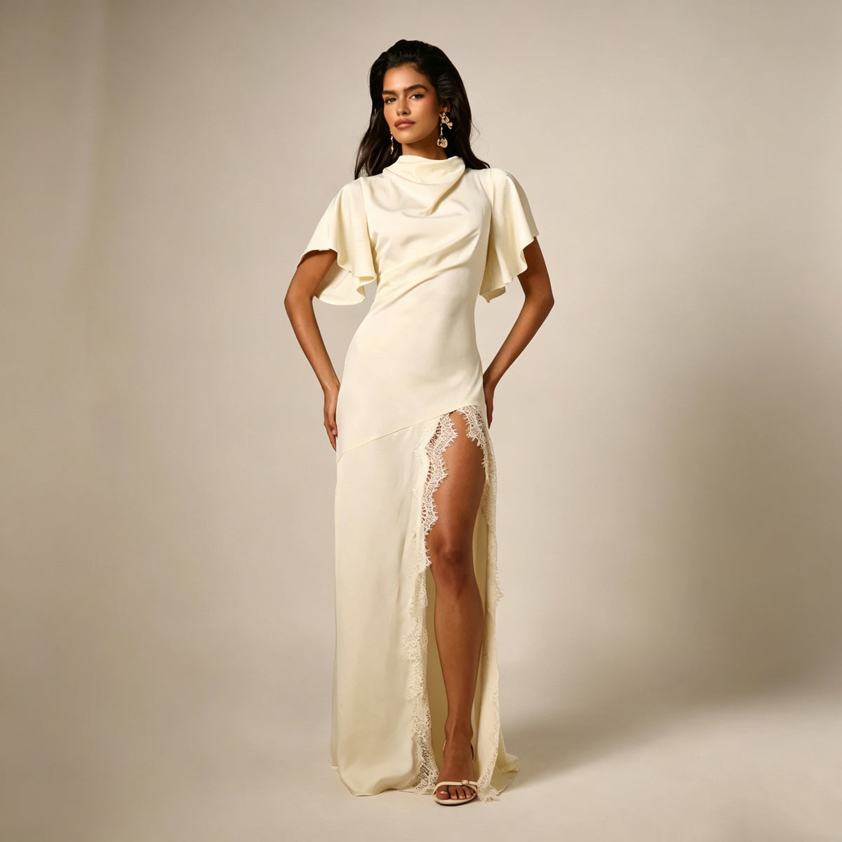 Cream Satin Ruffle Sleeve High Slit Lace Trim Maxi Dress