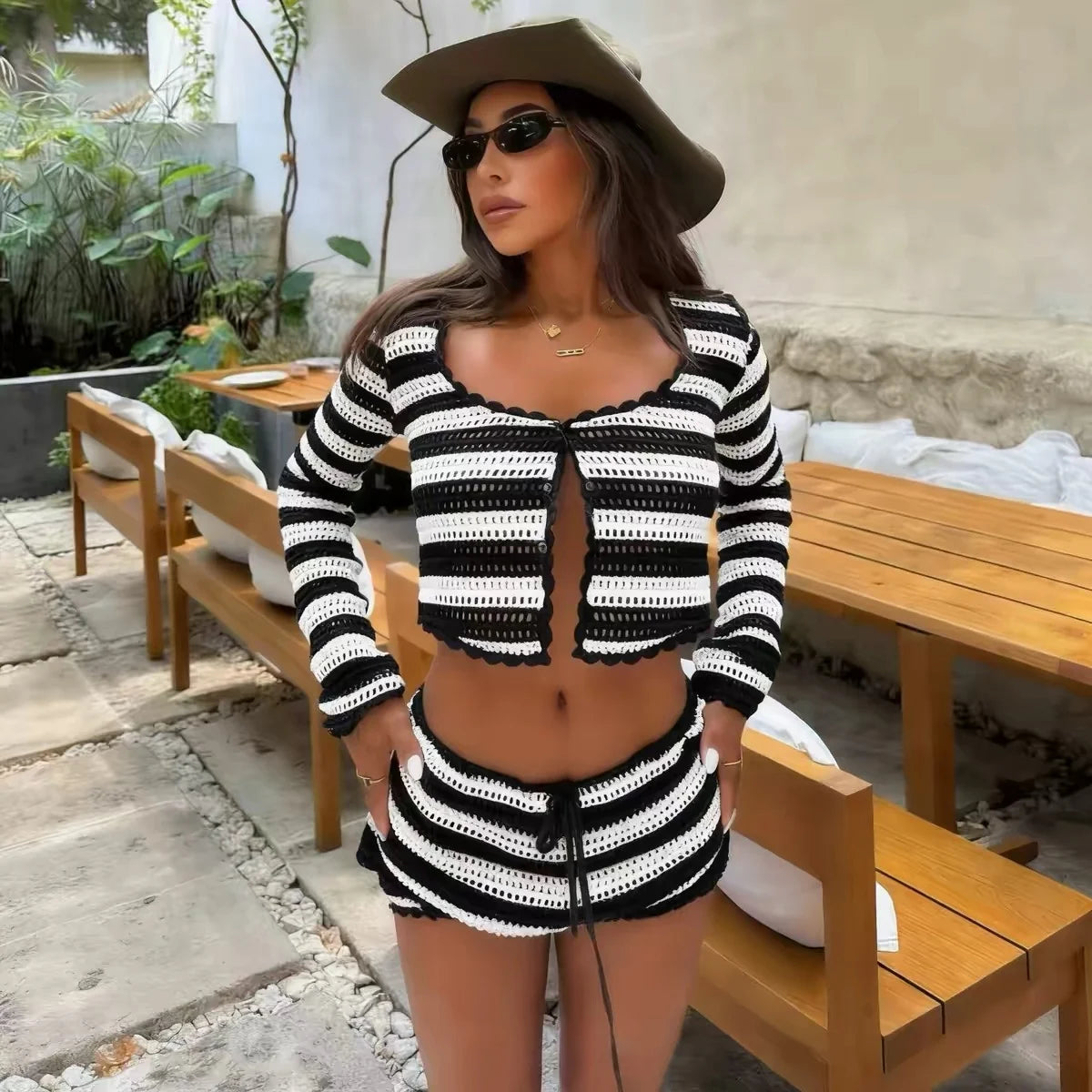 Striped Crochet Knit Long Sleeve Crop Cardigan and Shorts Two Piece Set [erp-image:e3f02c897e9dfbabcef1160d]