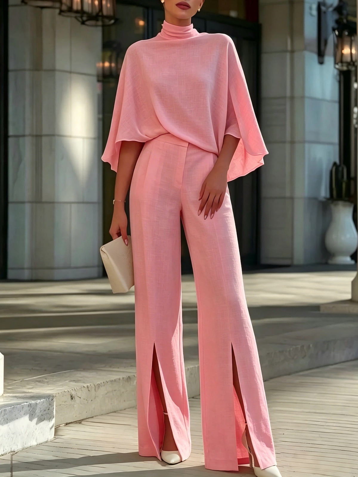 Elegant High Neck Batwing Sleeve Top & Front Slit Wide Leg Pants Set