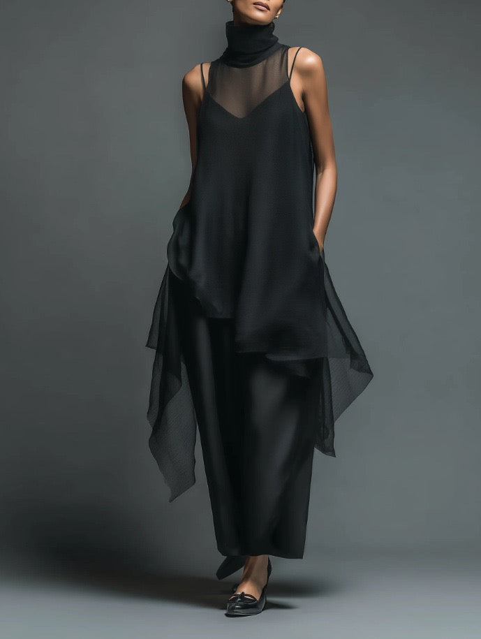Minimalist High-Neck Sheer Overlay & Slip Dress Two-Piece Set