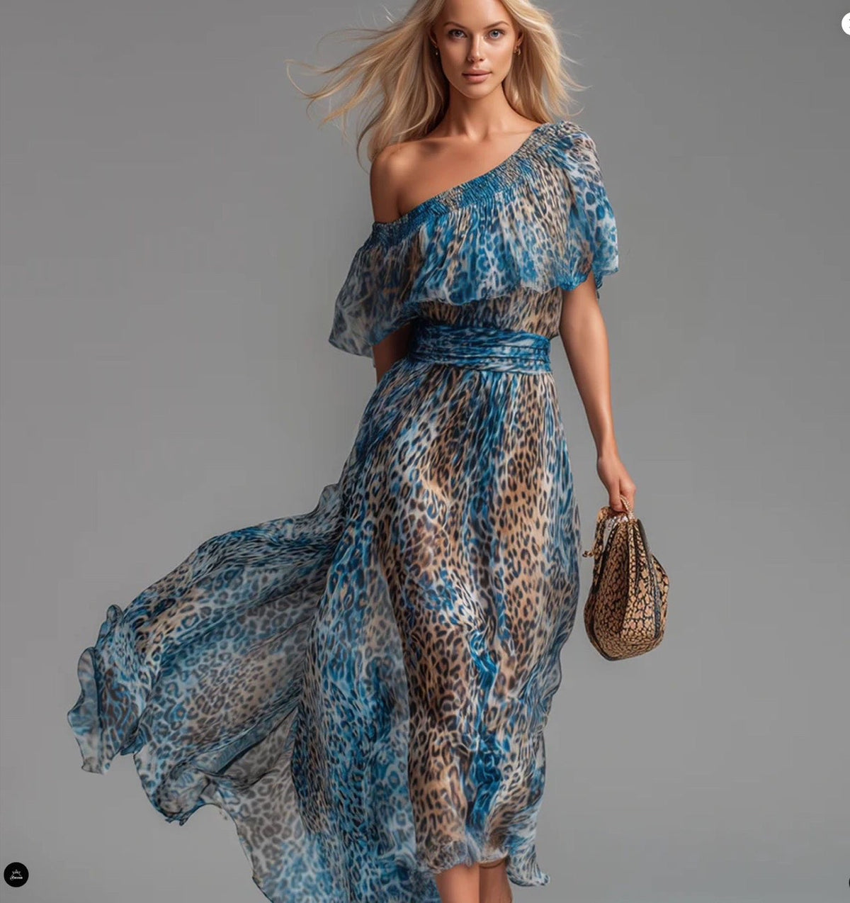 Blue Leopard Print One-Shoulder Chiffon Maxi Dress With Ruffle Overlay & Waist Tie – Boho Chic Summer Resort Gown