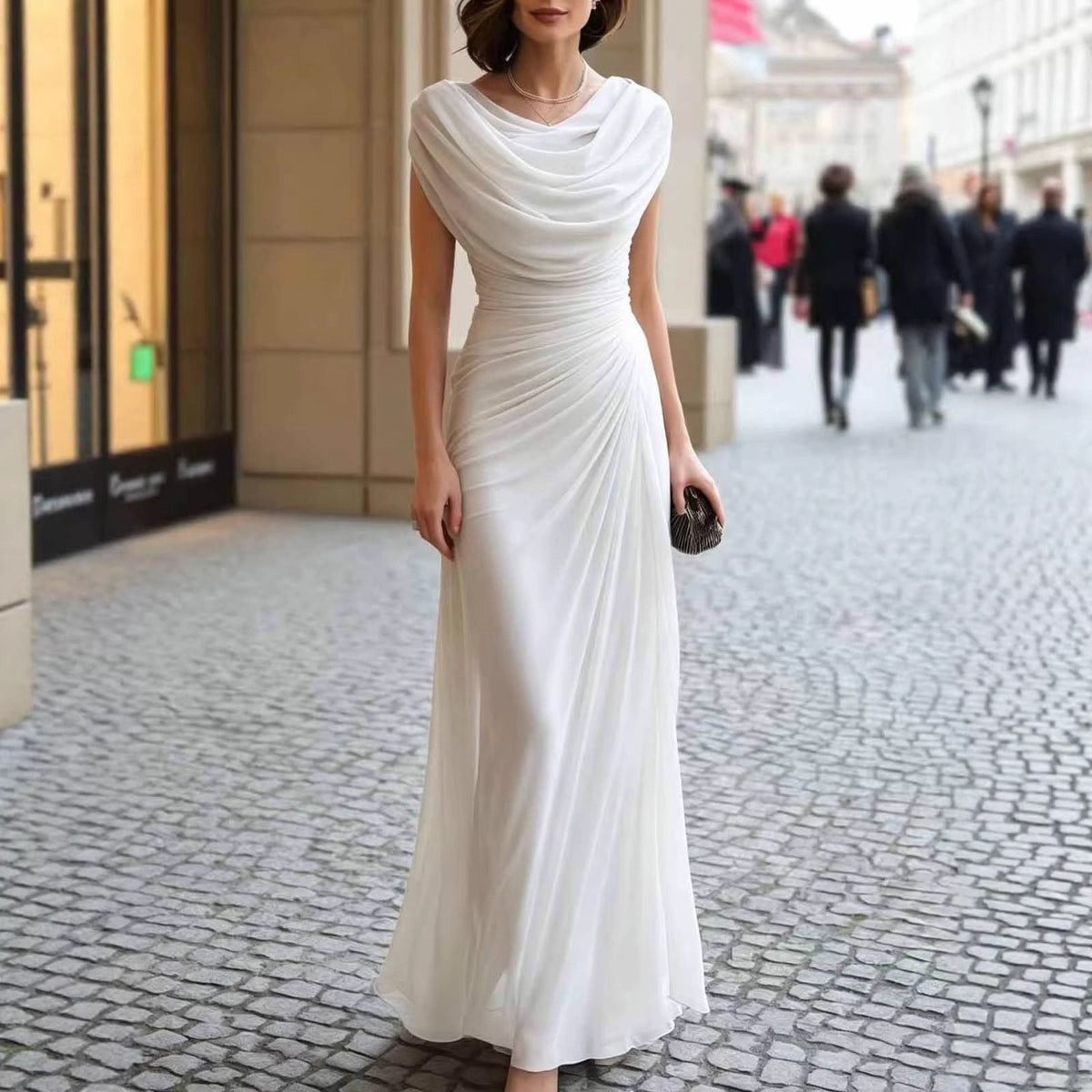 Elegant Maxi Evening Gown With Draped Front Collar