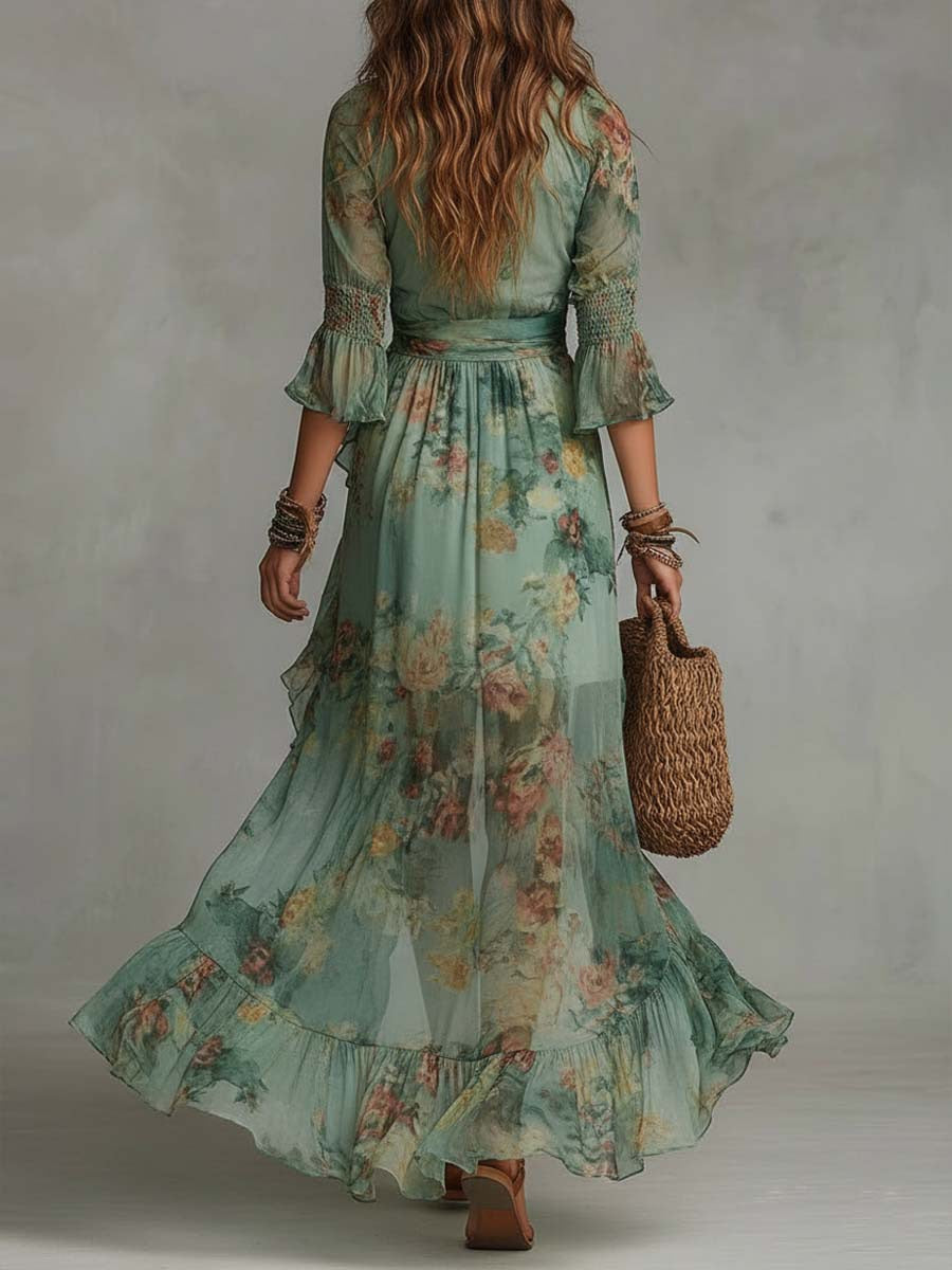 V-Neck Floral Printed Ruffled Hem Dress
