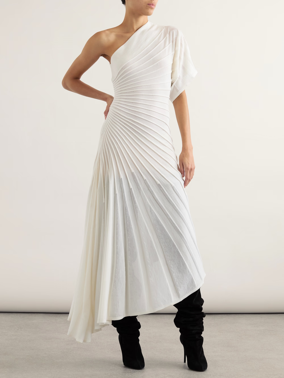 One Shoulder Pleated Asymmetric Midi Dress