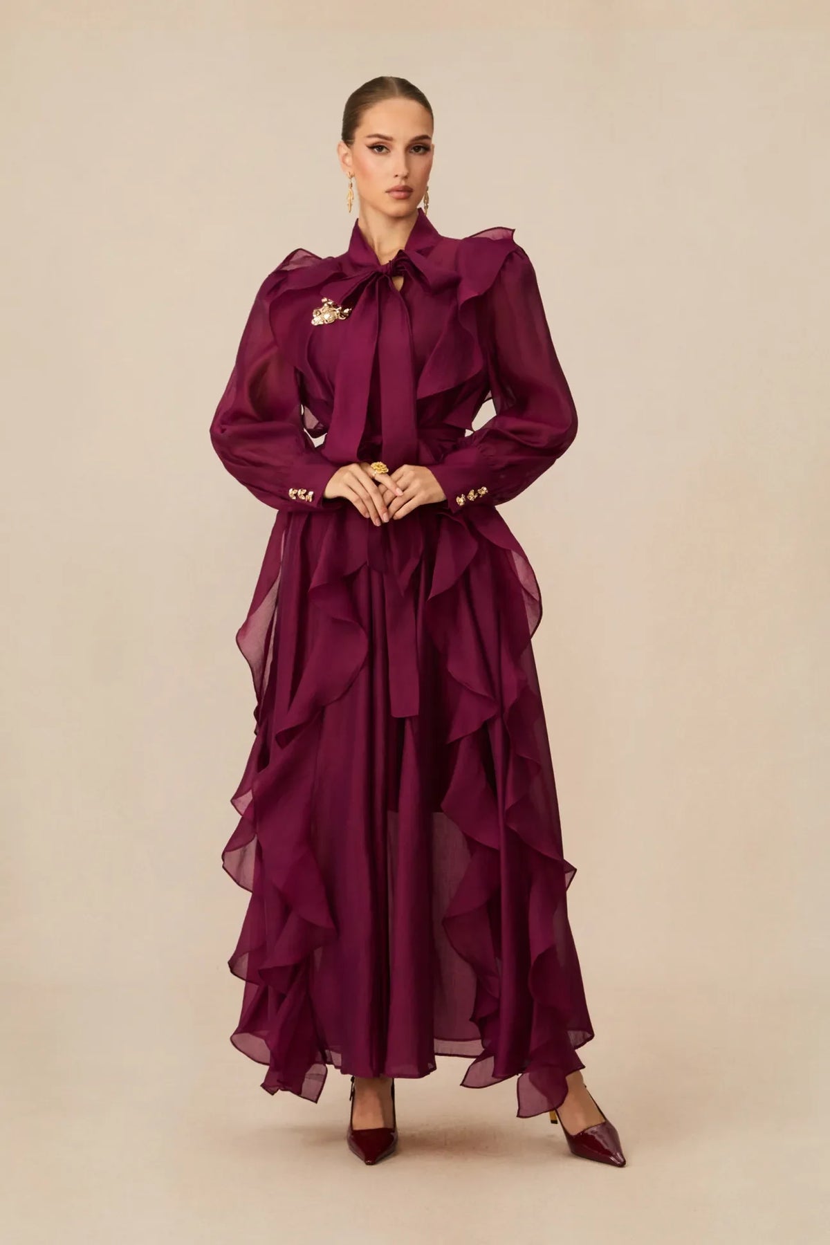 Burgundy Ruffled Tie-Neck Long Sleeve Chiffon Maxi Dress