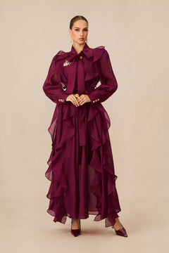 Burgundy Ruffled Tie-Neck Long Sleeve Chiffon Maxi Dress