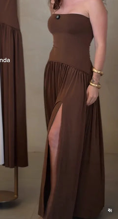 Brown Strapless Drop Waist Maxi Dress with High Thigh Slit [erp-image:916764dc7449c4a43454f39f]