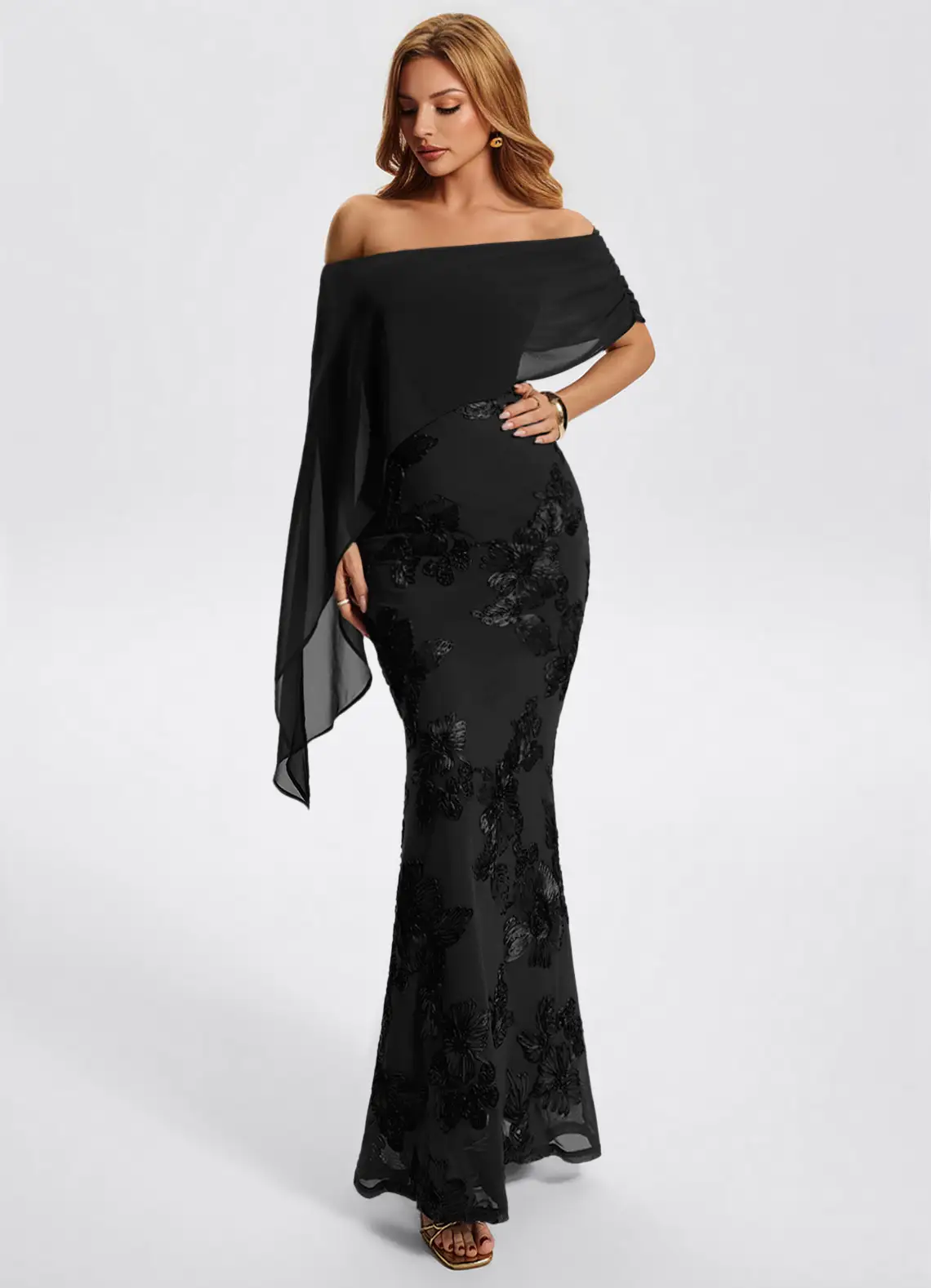 Off Shoulder Cape Sleeve Floral Appliqué Mermaid Evening Gown