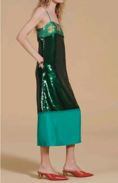 Emerald Green Sequins And Satin Colorblock Midi Floor-length Dress With Floral Pattern