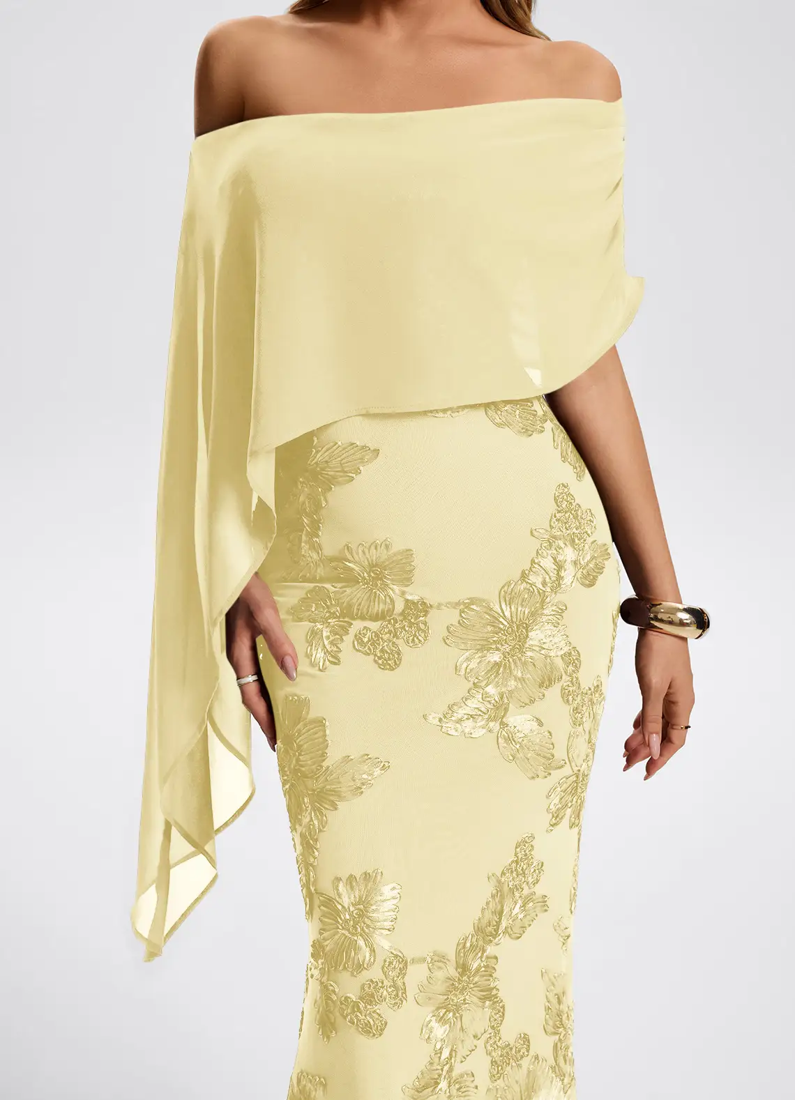 Off Shoulder Cape Sleeve Floral Appliqué Mermaid Evening Gown