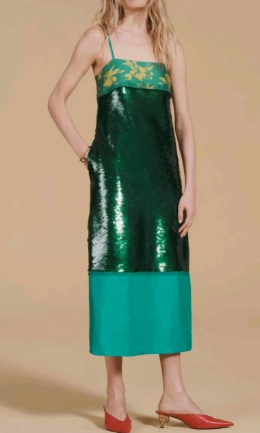 Emerald Green Sequins And Satin Colorblock Midi Floor-length Dress With Floral Pattern