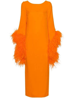 Orange Long Sleeve Feather Trim Cuff Boat Neck Column Midi Dress