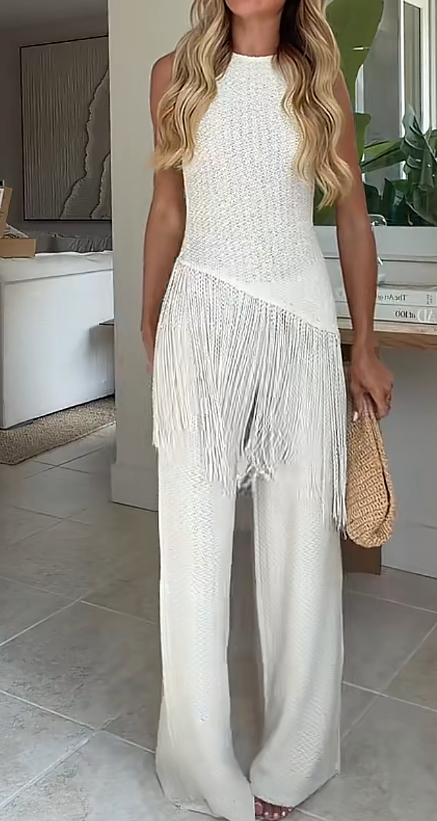 Chic White Sleeveless Tassel Crochet Top & Wide Leg Pants Set