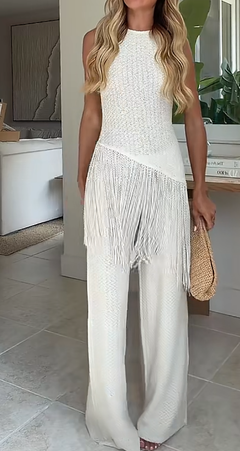Chic White Sleeveless Tassel Crochet Top & Wide Leg Pants Set
