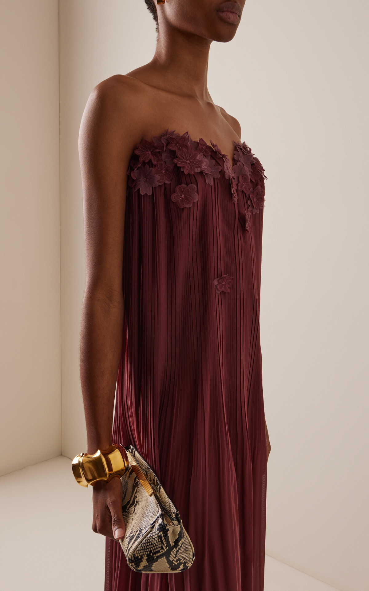 Strapless 3D Floral Pleated Chiffon Maxi Gown