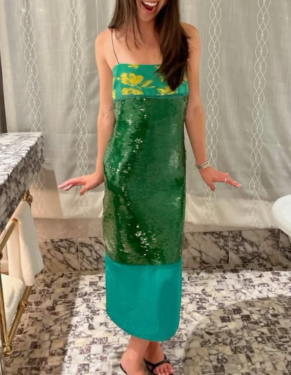 Emerald Green Sequins And Satin Colorblock Midi Floor-length Dress With Floral Pattern