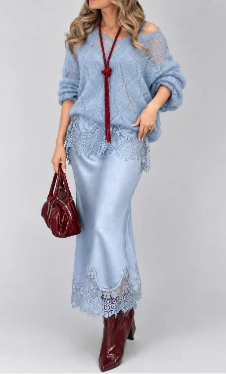 Open Knit Sweater and Lace Trim Satin Midi Skirt Set [erp-image:66d98827419045dfa481041f]