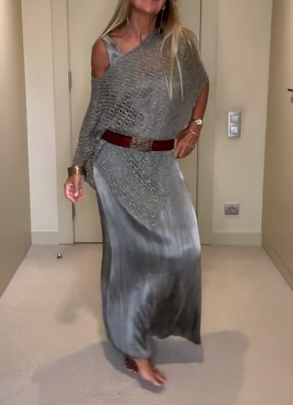 Open Knit Cape Overlay Pleated Maxi Dress