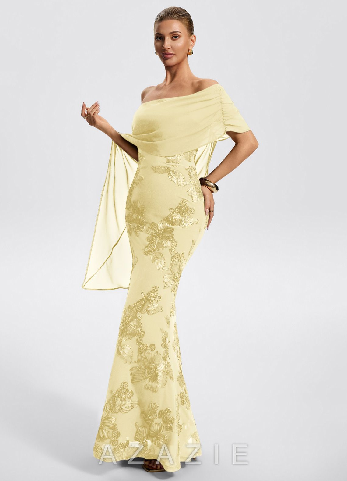 Off Shoulder Cape Sleeve Floral Appliqué Mermaid Evening Gown