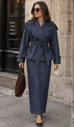 Women's Dark Blue Denim Belted Jacket and Maxi Skirt Two Piece Set