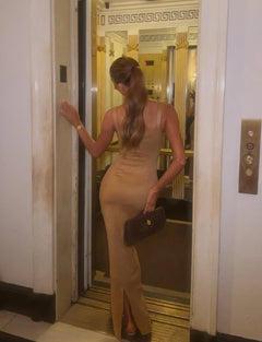 Square Neck Sleeveless Maxi Dress in Camel Sleek Column Evening Gown [erp-image:f5eef1051b3eb0657a369c9e]