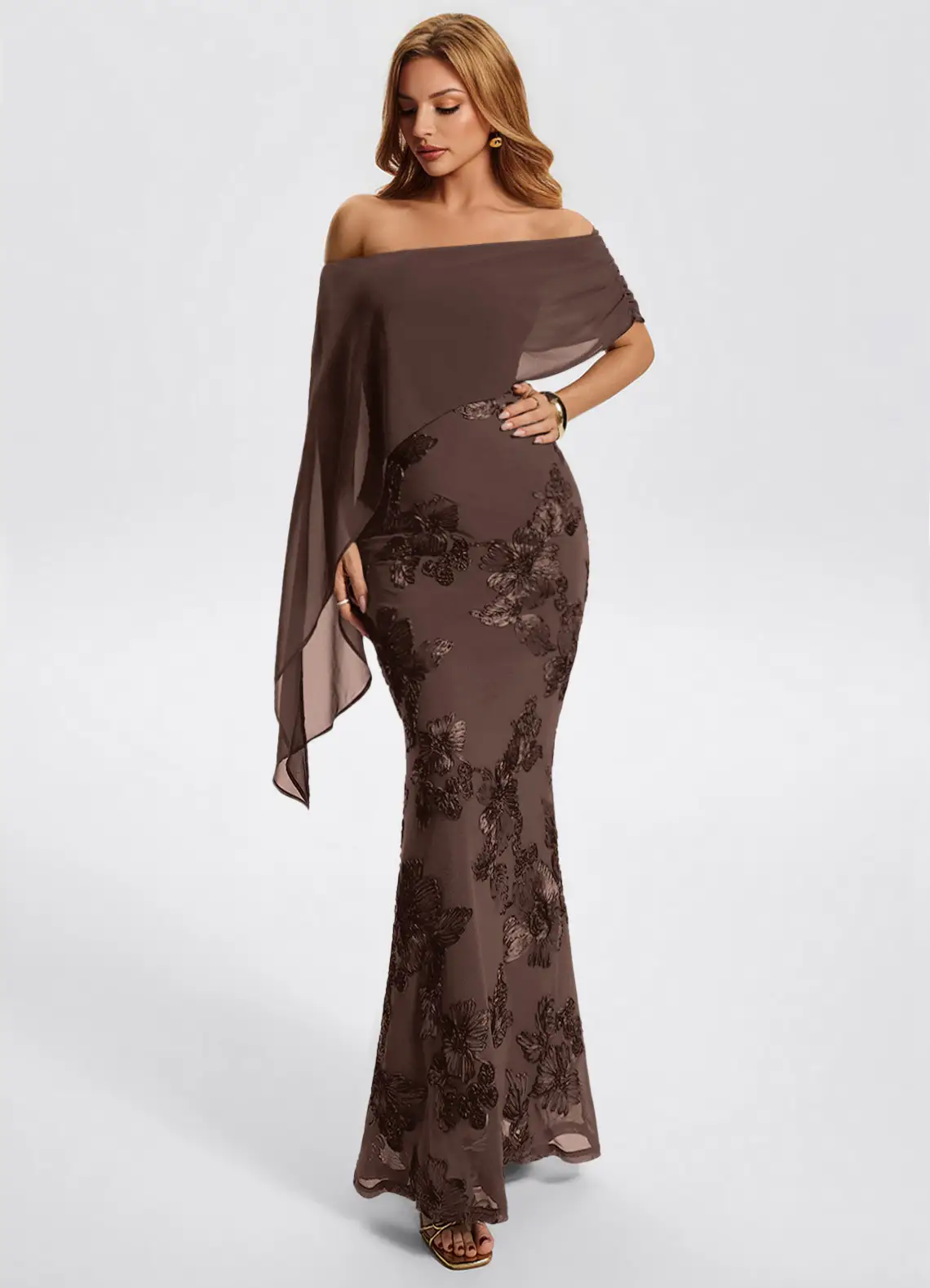 Off Shoulder Cape Sleeve Floral Appliqué Mermaid Evening Gown