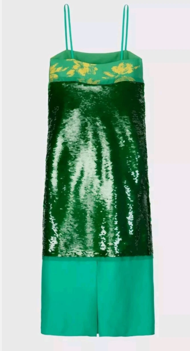 Emerald Green Sequins And Satin Colorblock Midi Floor-length Dress With Floral Pattern