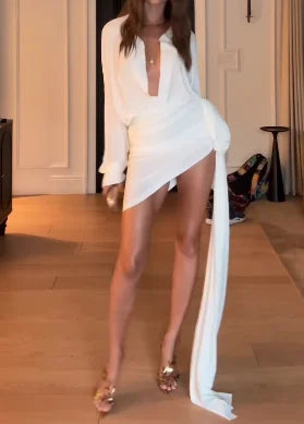 Plunging Deep V-Neck Long Sleeve Draped Mini Dress with Side Sash Train [erp-image:677ce9035cb1d2fd06f9eb1d]