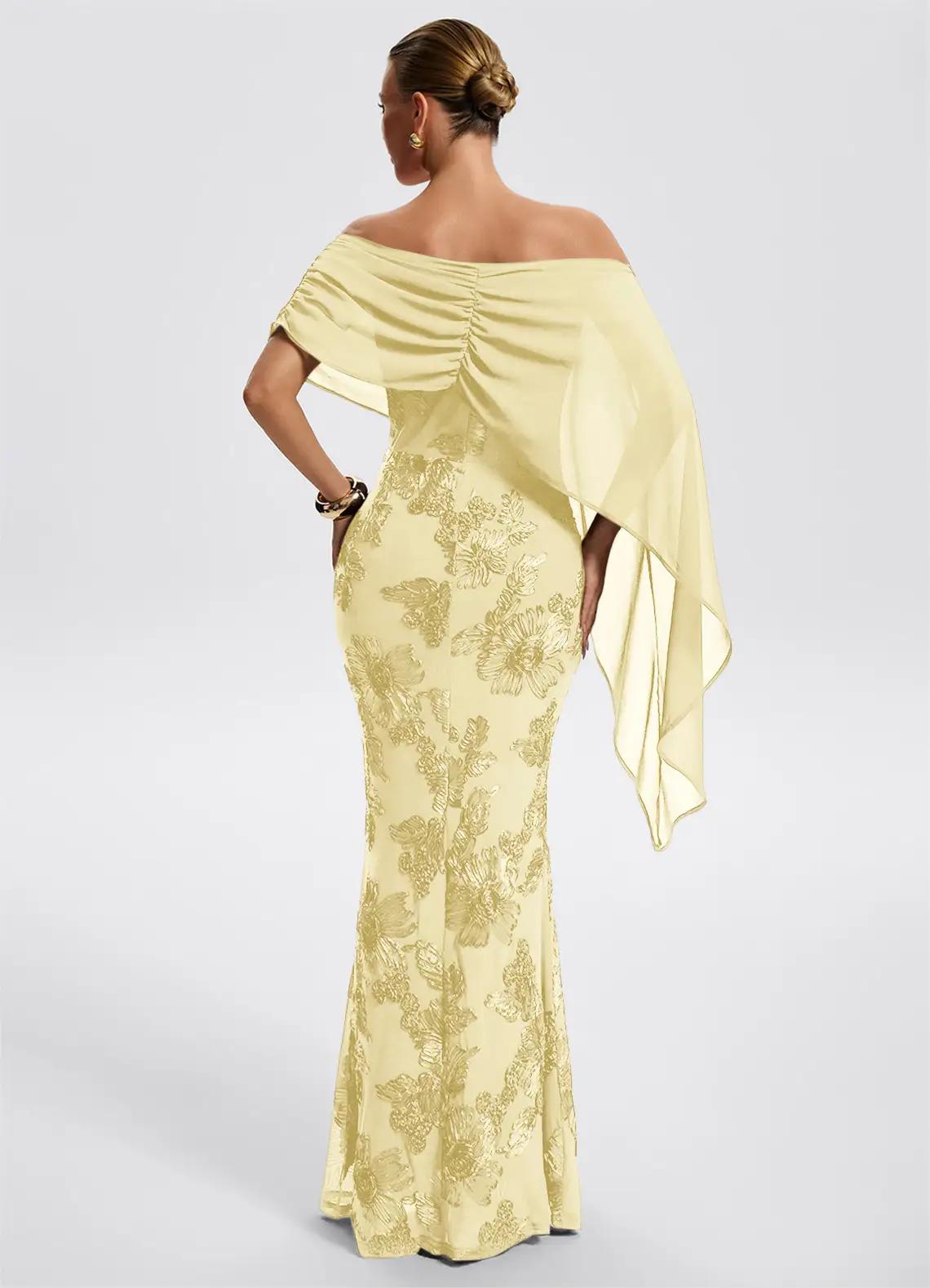 Off Shoulder Cape Sleeve Floral Appliqué Mermaid Evening Gown