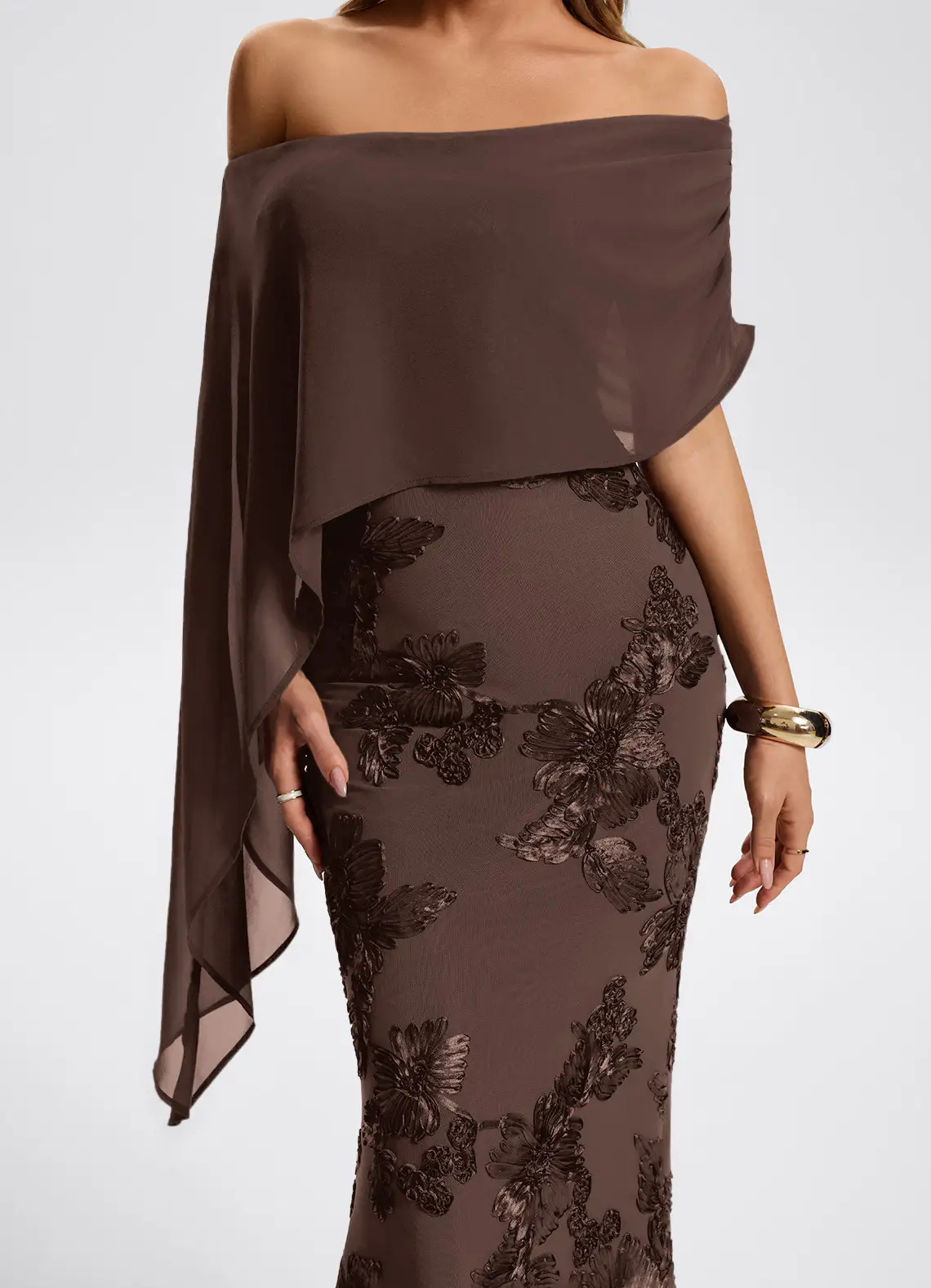 Off Shoulder Cape Sleeve Floral Appliqué Mermaid Evening Gown
