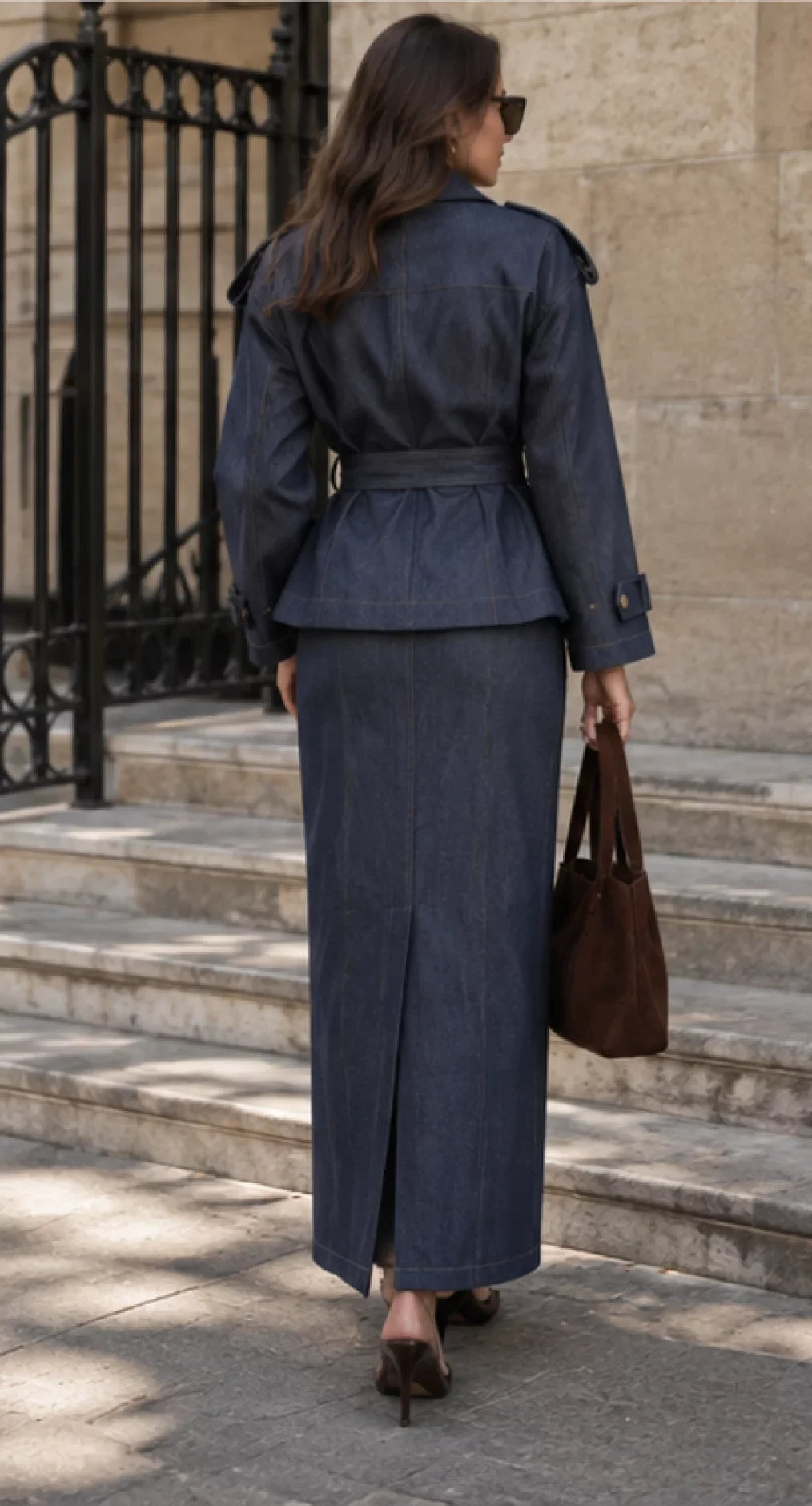 Women's Dark Blue Denim Belted Jacket and Maxi Skirt Two Piece Set