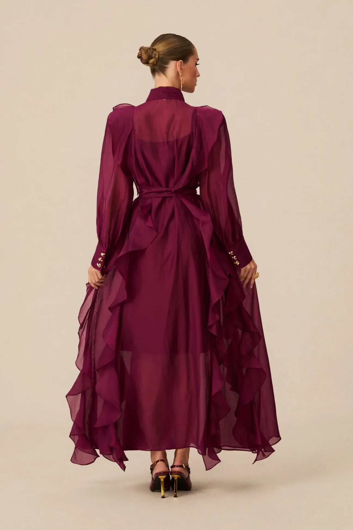 Burgundy Ruffled Tie-Neck Long Sleeve Chiffon Maxi Dress