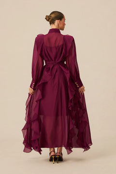 Burgundy Ruffled Tie-Neck Long Sleeve Chiffon Maxi Dress