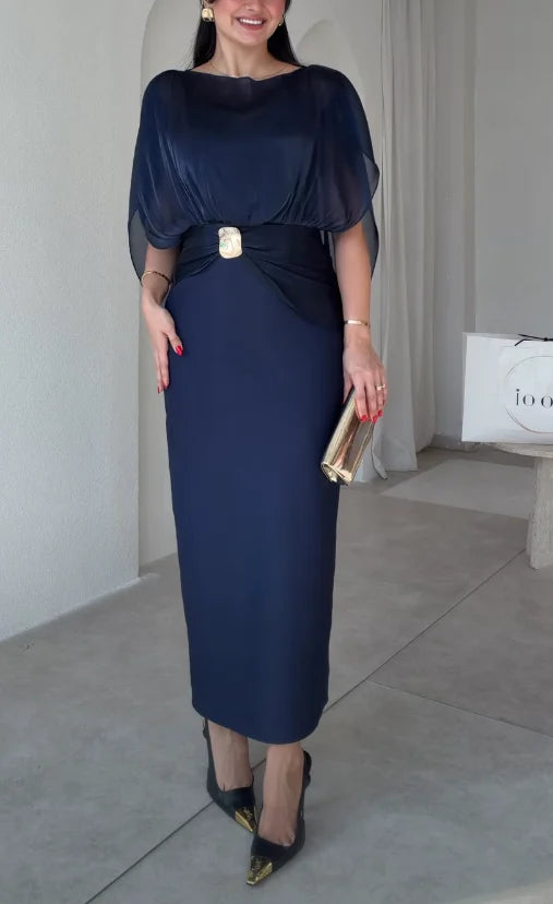 Shimmer Cape Sleeve Column Maxi Dress with Gold Buckle Accent [erp-image:21501a82351f6596fa553c89]