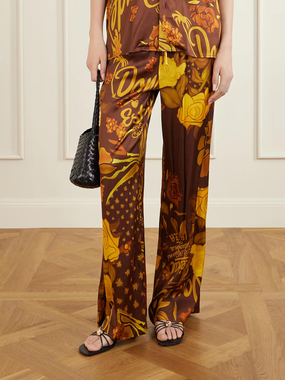 Unique Printed Satin Elastic Waist Pocket Wide-Leg Pants