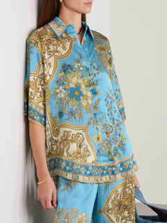 Unique Casual Floral Print Satin Elastic-Waist Pockets Wide-Leg Pants