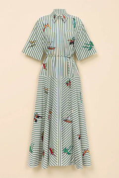 Classic Striped Button-Front Tie-Waist A-Line Maxi Shirtdress