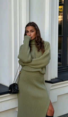 Olive Green Ribbed Knit Turtleneck Sweater and High Slit Skirt Two Piece Set [erp-image:4fe4d3aae428f7a9237381d0]